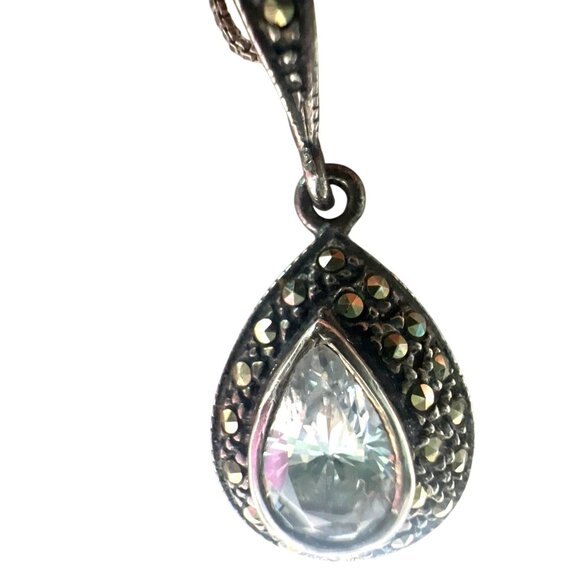 925 Sterling Silver Teardrop Pendant Necklace Marcasite Cubic Zirconia Gemstones - Picture 1 of 10